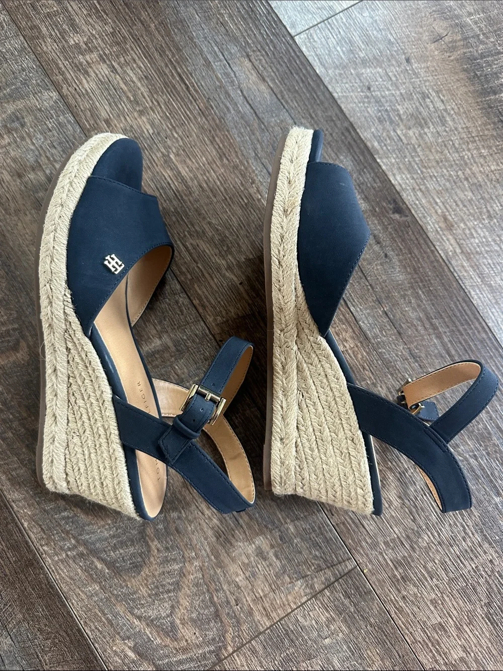 Tommy Hilfiger Navy Espadrille Wedge Sandals with Gold Logo